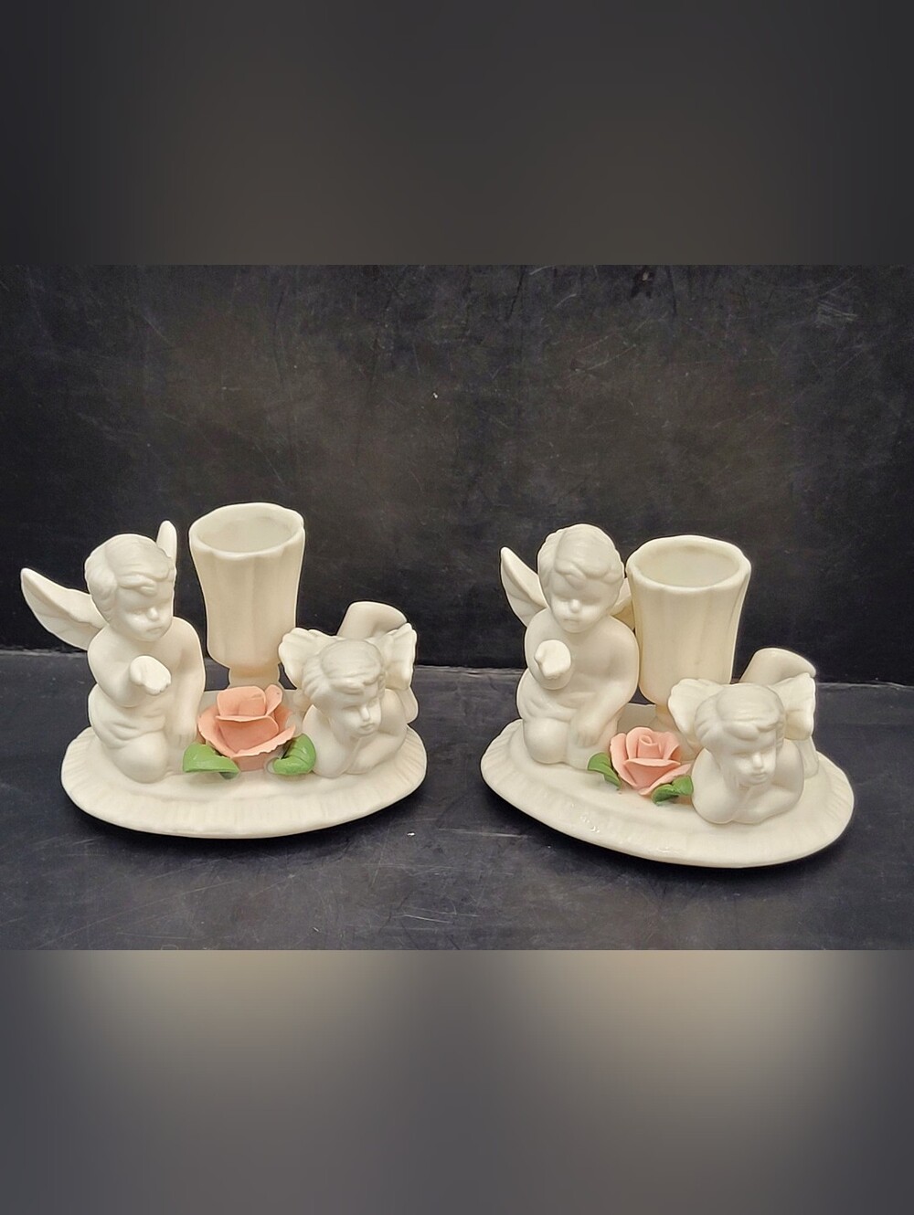 Vintage Bisque Porcelain Cherub Angel Taper Candle Holders Set of 2 Pink Roses
